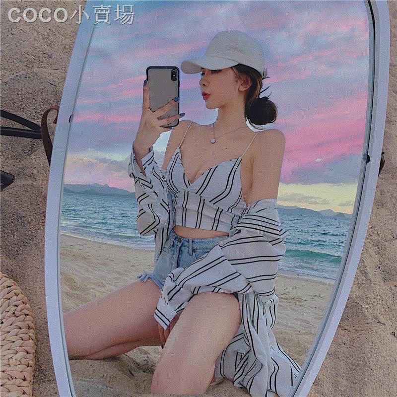 set áo hai dây sọc tặng kèm áo sơ mi form rộng đi biển siêu xinh