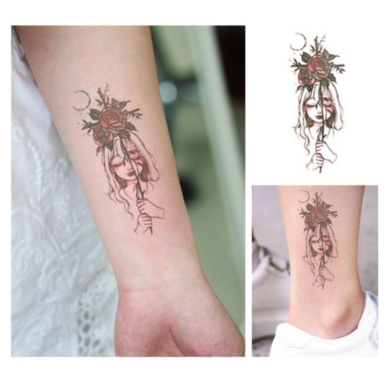 Hình xăm cô gái hoa hồng đỏ c30. Tatoo dán tạm thời size &lt;10x6cm