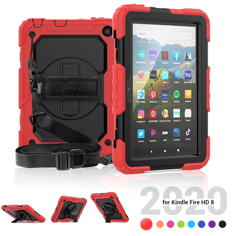 Amazon kindle Fire HD 8/8Plus（2020）Contains high-end PET film Shockproof Heavy Duty Protective Rugged Case with Shoulder strap