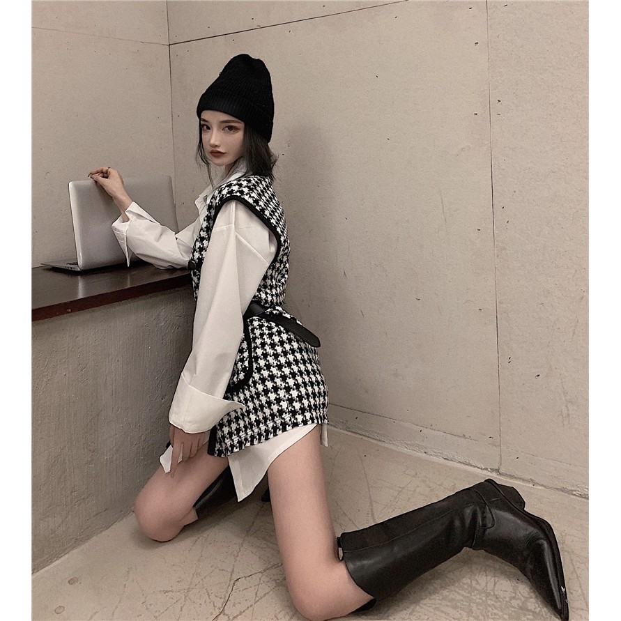 Áo Khoác Vest Không Tay Cổ Chữ V Phối Túi Họa Tiết Caro Thanh Lịch | BigBuy360 - bigbuy360.vn