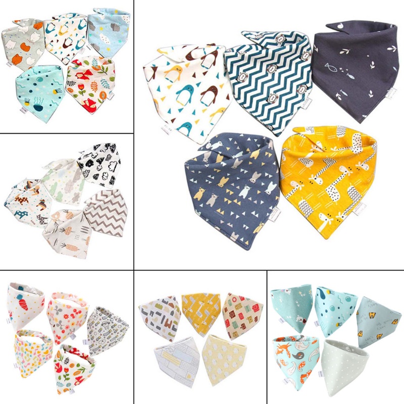 Set 5 yếm thấm nước dãi vải cotton hình tam giác in họa tiết hoạt hình dễ thương cho bé sơ sinh