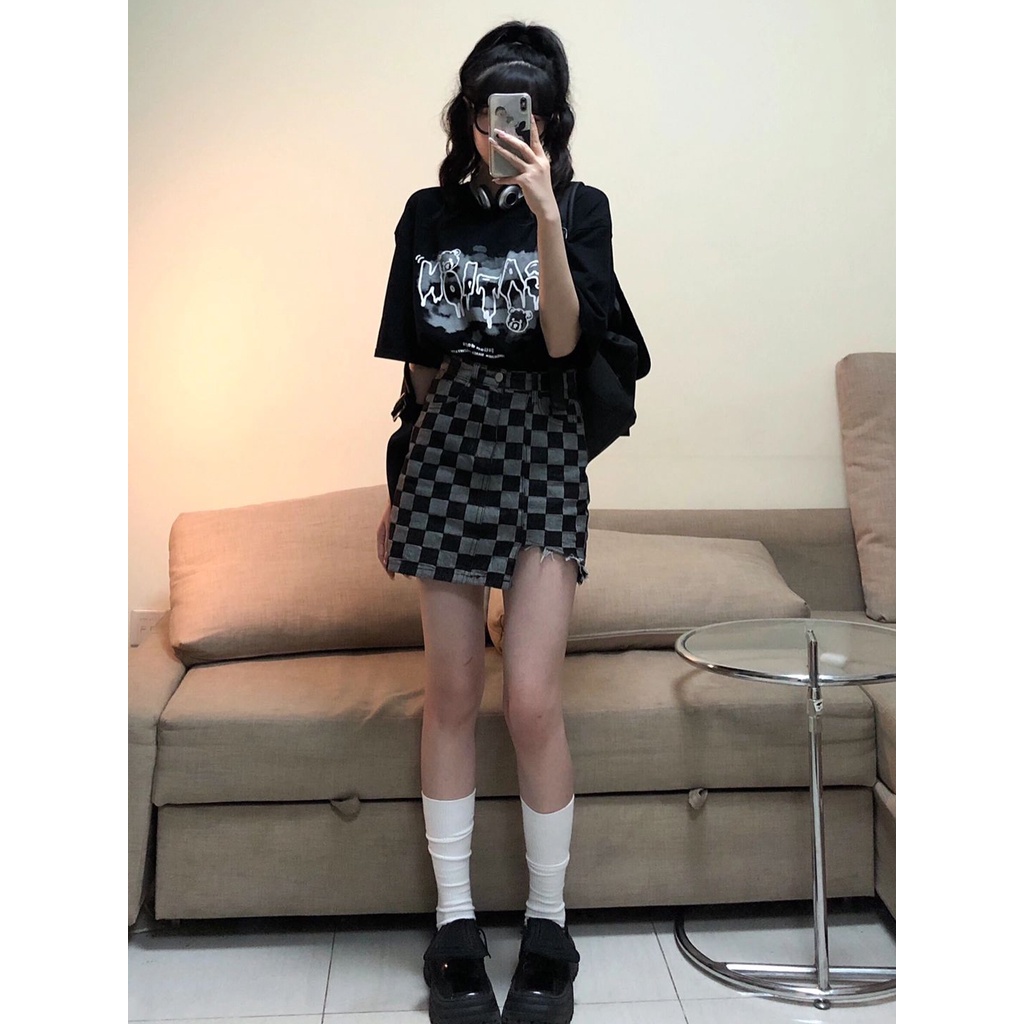 Chân váy jean Chữ a Lưng Cao Phong Cách retro Thời Trang Hàn Quốc