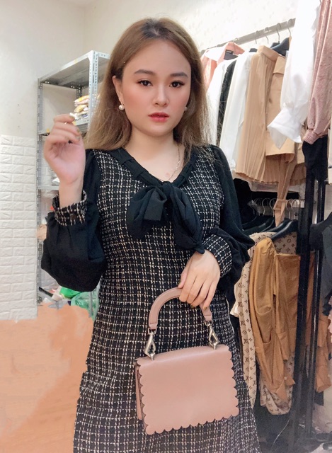 Váy dạ pha voan thắt nơ