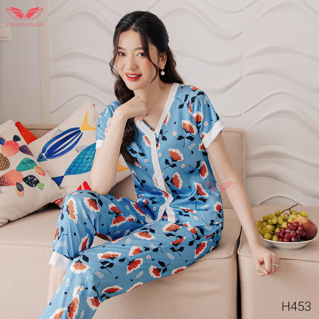 Đồ Bộ Ngủ Nữ Pijama Mặc Nhà VINGO Lụa Pháp Cao Cấp Tay Cộc Quần Dài Cổ Cách Điệu Họa Tiết Hoa Nền Xanh H453 VNGO