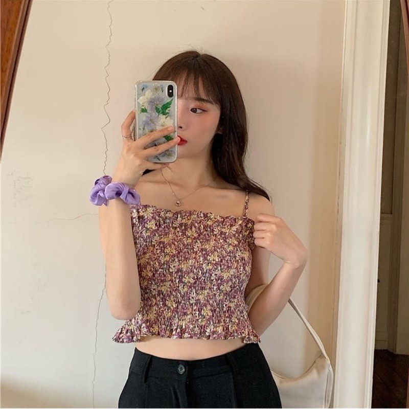 Áo hoa nhí thun 2 dây croptop