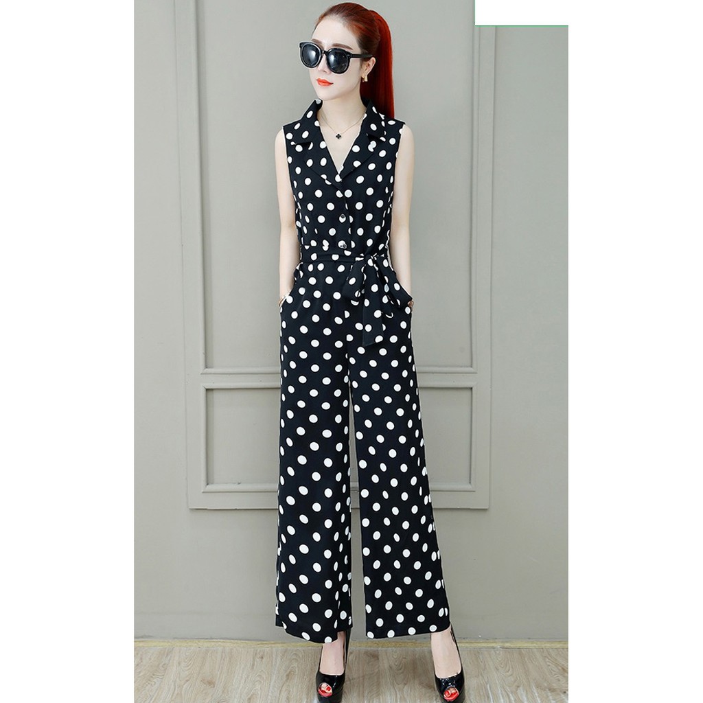 Đồ Bay Đẹp 💝FREESHIP💝 Jumpsuit dài chấm bi ống suông cổ sơ mi thắt nơ eo J1004