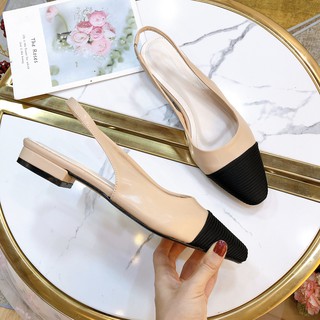 Giày sandal nữ cao 1,5p Bánh Bèo mũi nhọn gót vuông phối dây thời trang màu đen, nude và trắng