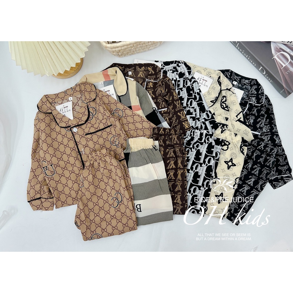 Pijama cho bé, bộ pijama lụa Hàn cao cấp họa tiết thương hiệu sành điệu cho bé trai, bé gái