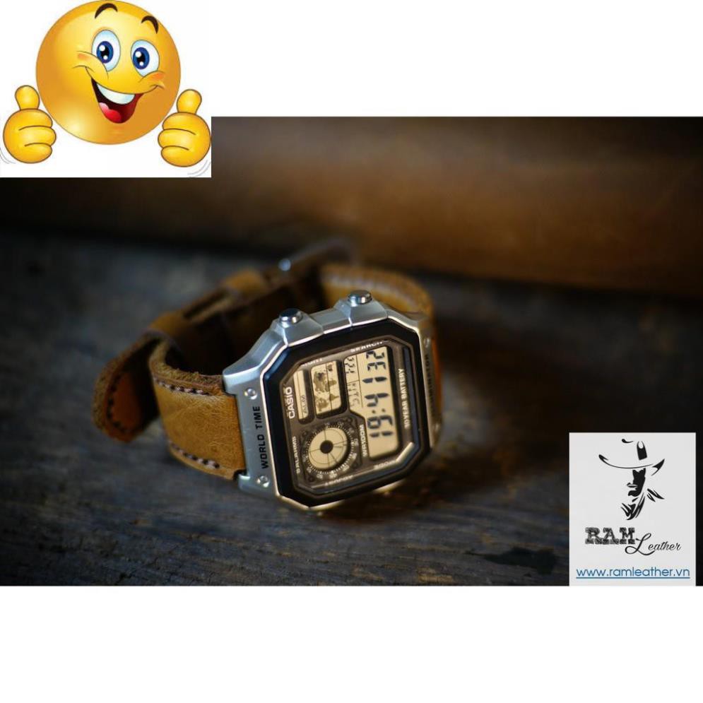 DÂY ĐỒNG HỒ DA BÊ THẬT VÀNG NÂU - CASIO AE1200/SEIKO RAM CLASSIC 1989 - RAM LEATHER .