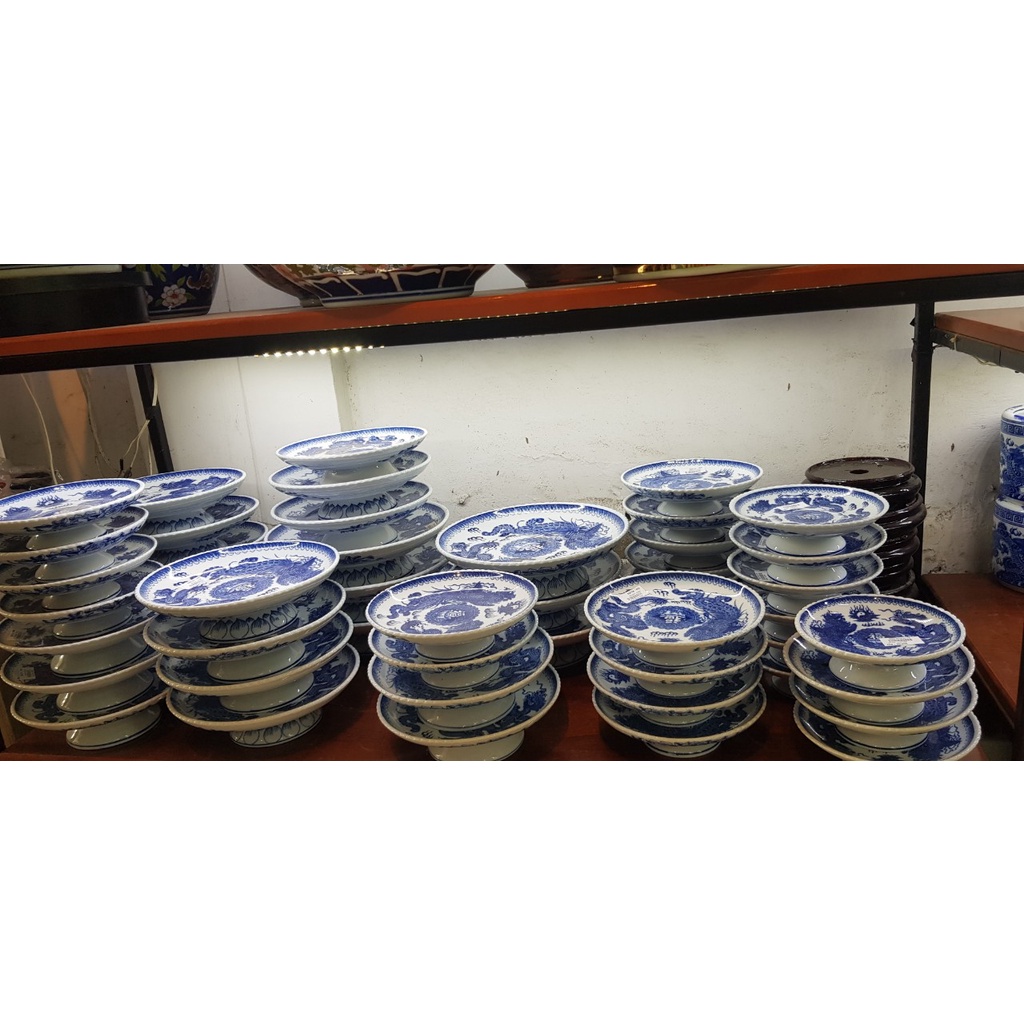 Đĩa đựng trái cây hoa quả trên bàn thờ lam xanh gốm sứ bát tràng