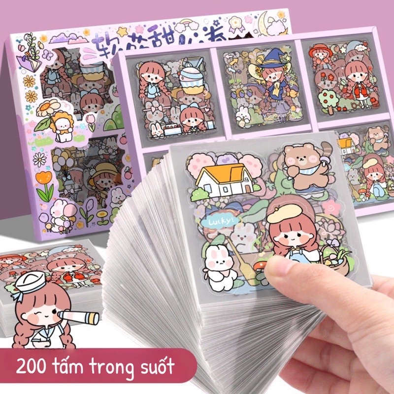 Sticker 200 tấm miếng dán trang trí Chống thấm nước Phong cách Hàn Quốc dễ thương