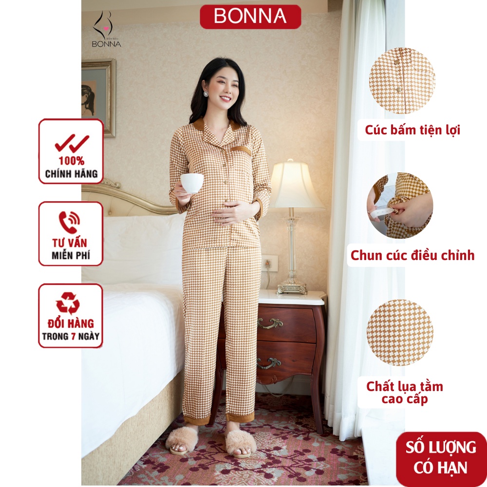 Bộ bầu mùa hè BONNA thiết kế dáng pyjama, quần có chun điều chỉnh thoải mái, họa tiết kẻ sang trọng, thoải mái B018