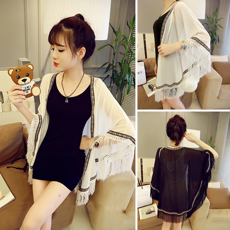 Kimono lửng thêu tua rua - Ảnh Thật- Hàng có sẵn - Hàng nhập khẩu 100% - Áo choàng, áo lưới , kimono đi biển , đi chơi