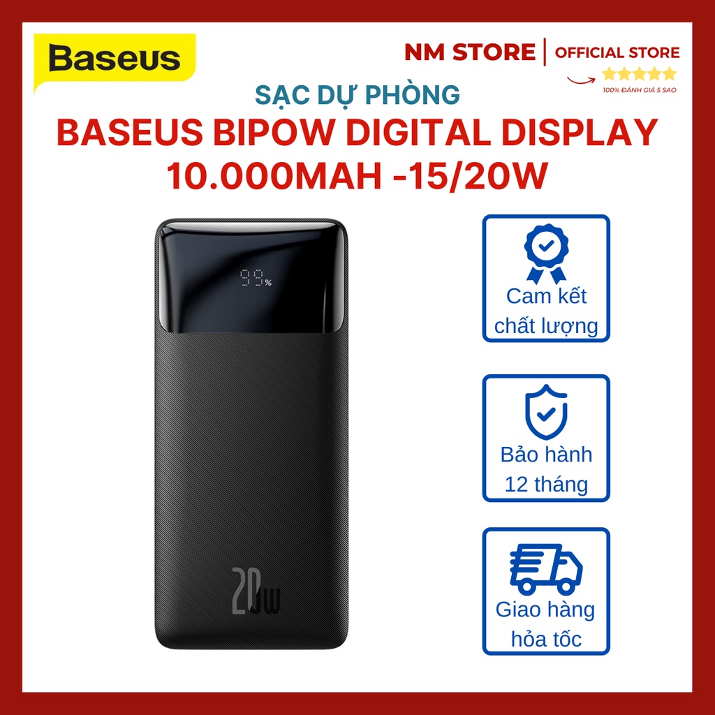 Pin Sạc Dự Phòng 15w Baseus Dung Lượng 10000mah, 3 Output, Màn Hình Lcd Hiện Thị Pin, Thân Vỏ Nhám