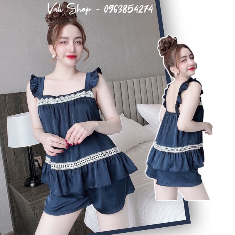 Đồ ngủ lụa latin cao cấp 2 dây cột nơ màu trơn quần phối ren freesize 40-57kg