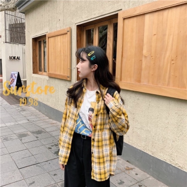 ÁO SƠ MI DÁNG RỘNG TAY DÀI IN HỌA TIẾT SỌC CARO THỜI TRANG HÀN QUỐC HOT HIT