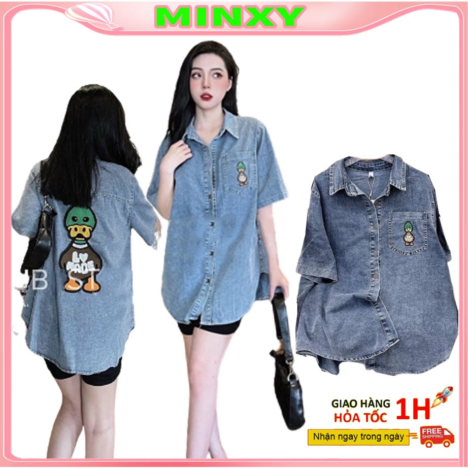 Áo sơ mi jean bò hình vịt áo bò ngắn tay dáng rộng -Minxy shop