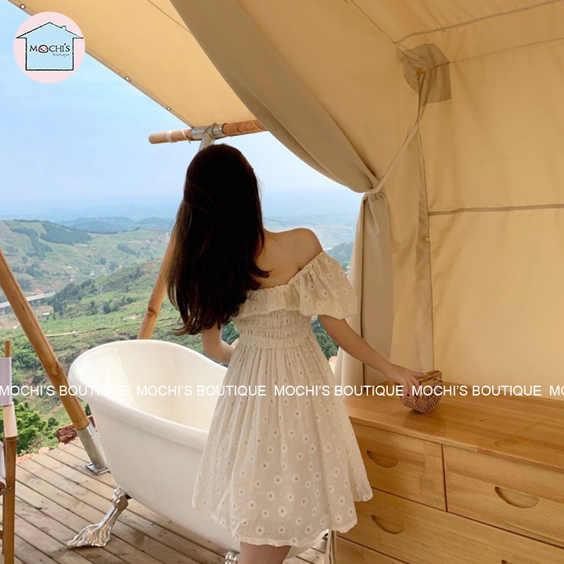 Váy đầm nữ cổ vuông tay phồng điệu đà, mẫu đầm hoa nhí đẹp mặc được 2 kiểu trễ vai hoặc cổ vuông tiện lợi-M063 | BigBuy360 - bigbuy360.vn