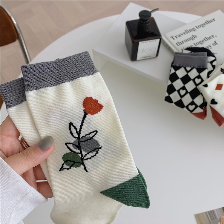 Vớ tất cổ cao Unisex bông hoa caro tim art
