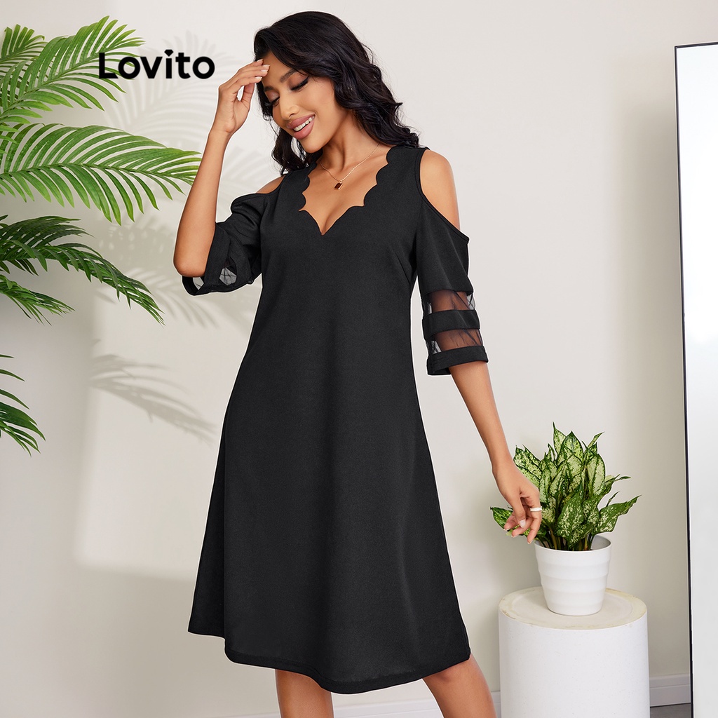 Đầm Lovito thiết kế cổ chữ V cắt xẻ vải lưới tương phản trơn màu phong cách thanh lịch L27LD097 (màu đen)