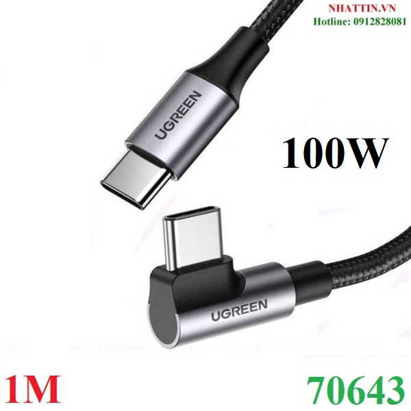 Cáp dữ liệu, sạc nhanh 100W USB 2.0 Type-C to Type-C bẻ góc 90 độ dài 1M Ugreen 70643 cao cấp