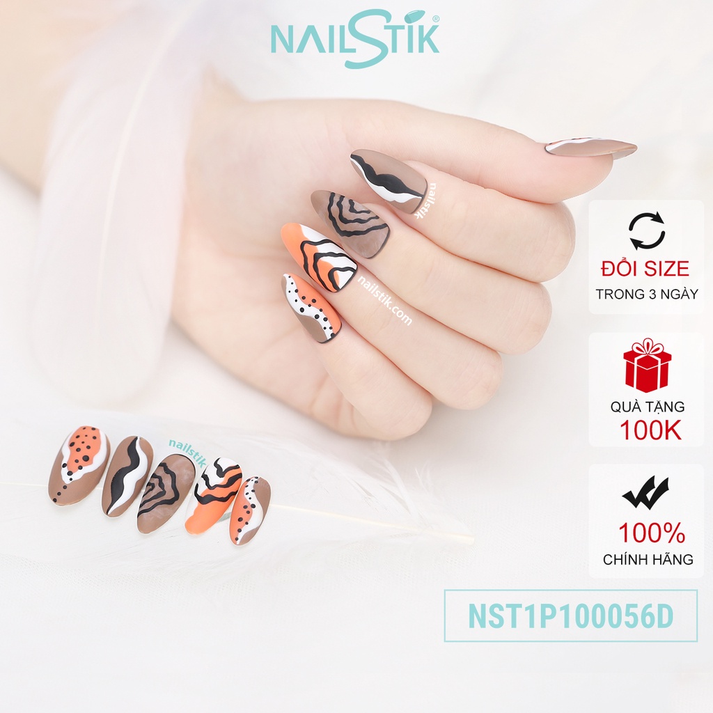 Móng úp thiết kế by NAILSTIK, màu cam đen nâu, form móng bầu, dài 056