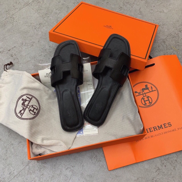 Dép HM cao cấp có hộp túi giầy da sần đen nâu rêu