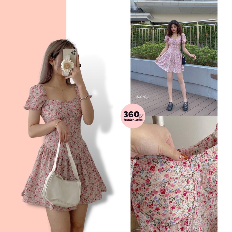 Váy hoa nhí vai bèo dáng chữ A vintage tay phồng bánh bèo sp012