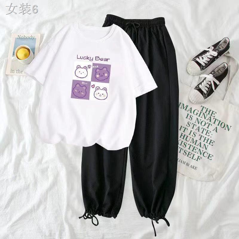 ஐđơn / suit mùa hè 2021 phiên bản Hàn Quốc áo thun ngắn tay nữ thời trang rộng rãi giản dị - quần dài hai mảnh Bộ