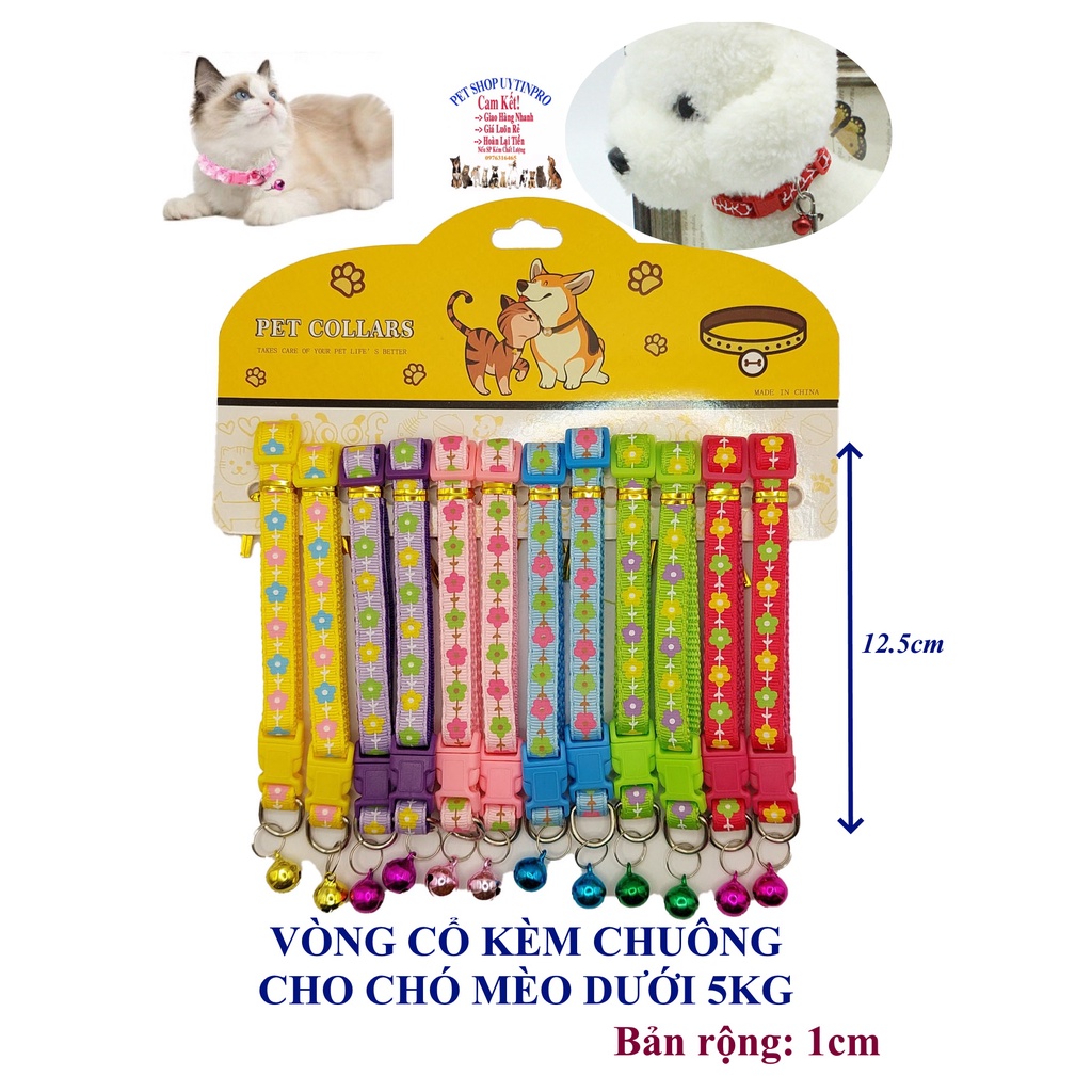 Vòng cổ kèm chuông cho Chó Mèo dưới 5kg In cành hoa hướng dương Bản rộng 1cm Chất liệu dù bền chắc, Có thể điều chỉnh