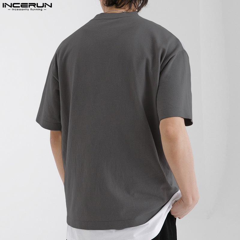 INCERUN Áo Thun Nam Ngắn Tay Cổ Tròn Màu Sắc Đơn Giản Size S-5XL