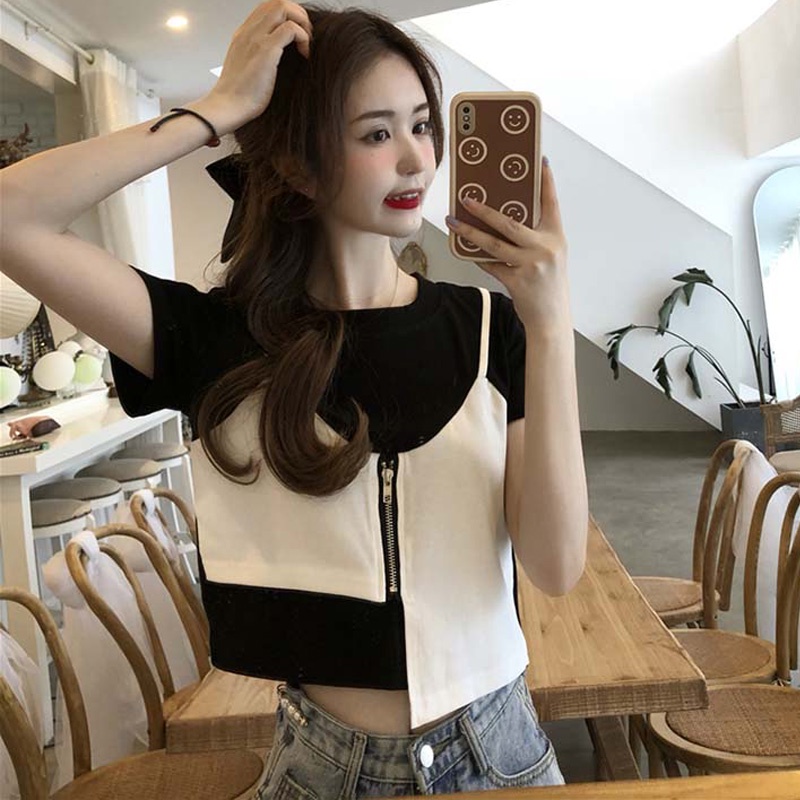 Áo Thun Tay Ngắn Phối Khóa Kéo Thời Trang Mùa Hè Hàng Mới Dành Cho Bạn Nữ