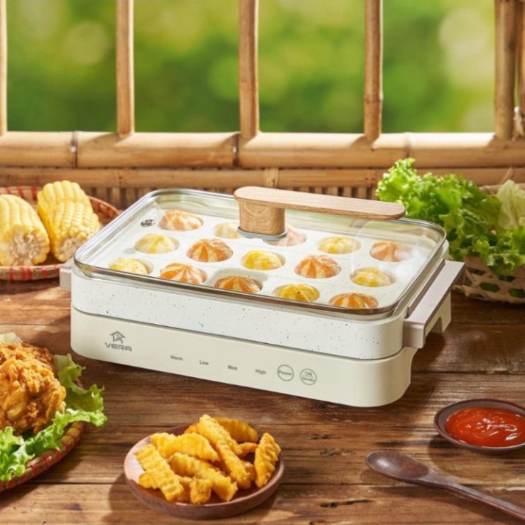 Nồi Lẩu Điện Đa Năng 3 IN 1, nồi lẩu nướng 3 Khay Nướng-Lẩu-Hấp VERA HT39 -  Takoyaki Thông Minh CHÍNH HÃNG