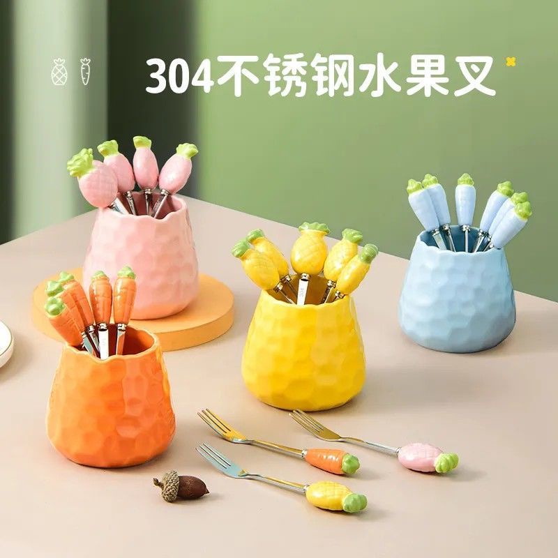 Bộ Muỗng Nĩa Ăn Tráng Miệng Bằng Thép Không Gỉ Hình Trái Cây Dễ Thương