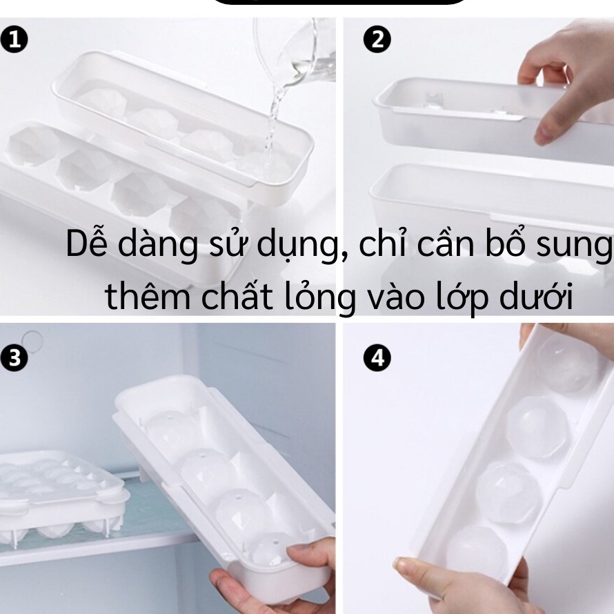 Khay Đá Tròn - Vỉ 4 Ô Làm Đá Bi, Viên, Pudding, Thạch Loại To, Có Nắp Tiện Lợi
