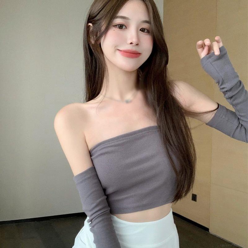 Áo croptop không tay màu trơn có gân gợi cảm cho nữ