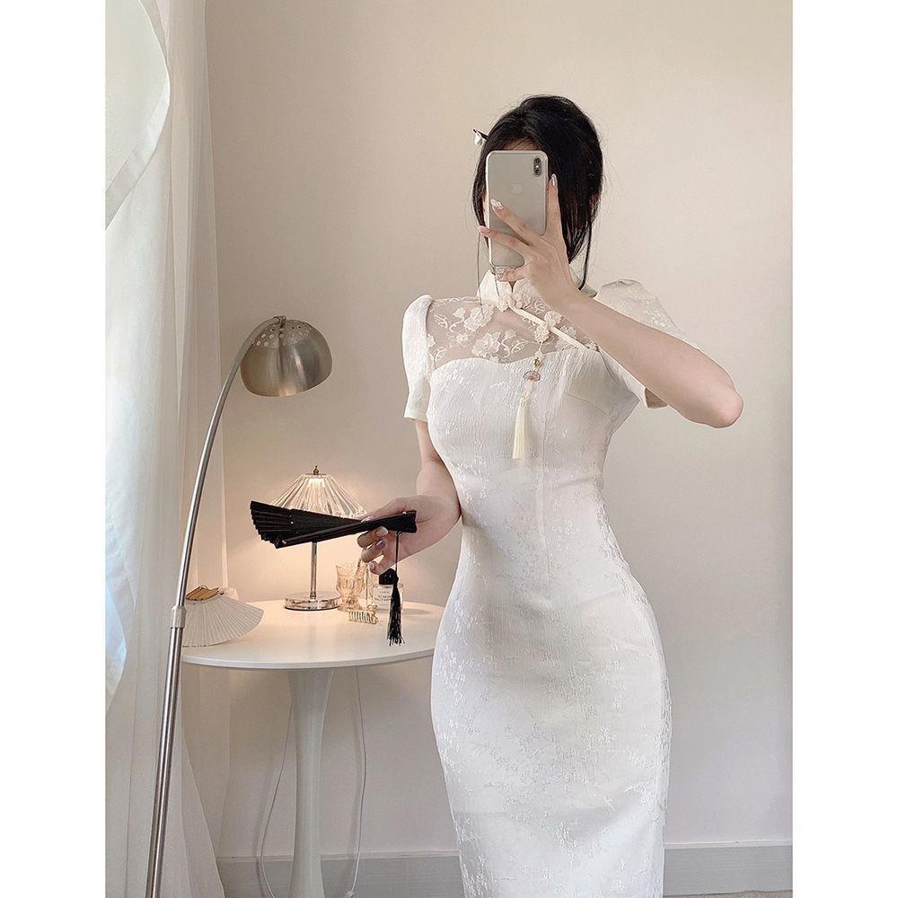 Sườn Xám Cách Tân Phối Ren Hoa Hồng Lưng Cao Phong Cách Cổ Điển Cho Nữ