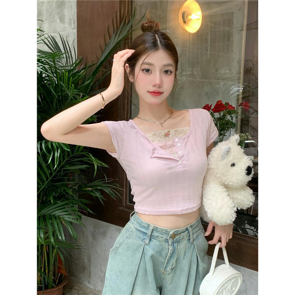 Lalisas Áo Croptop Ngắn Tay Phối Ren Thiết Kế Ngọt Ngào Cho Nữ