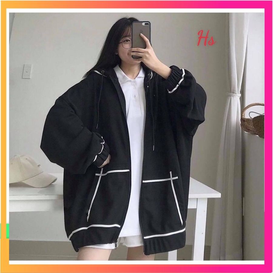 Áo Khoác Hoodie Nỉ Khóa Kéo Tay Bồng Có Mũ Chạy Viền