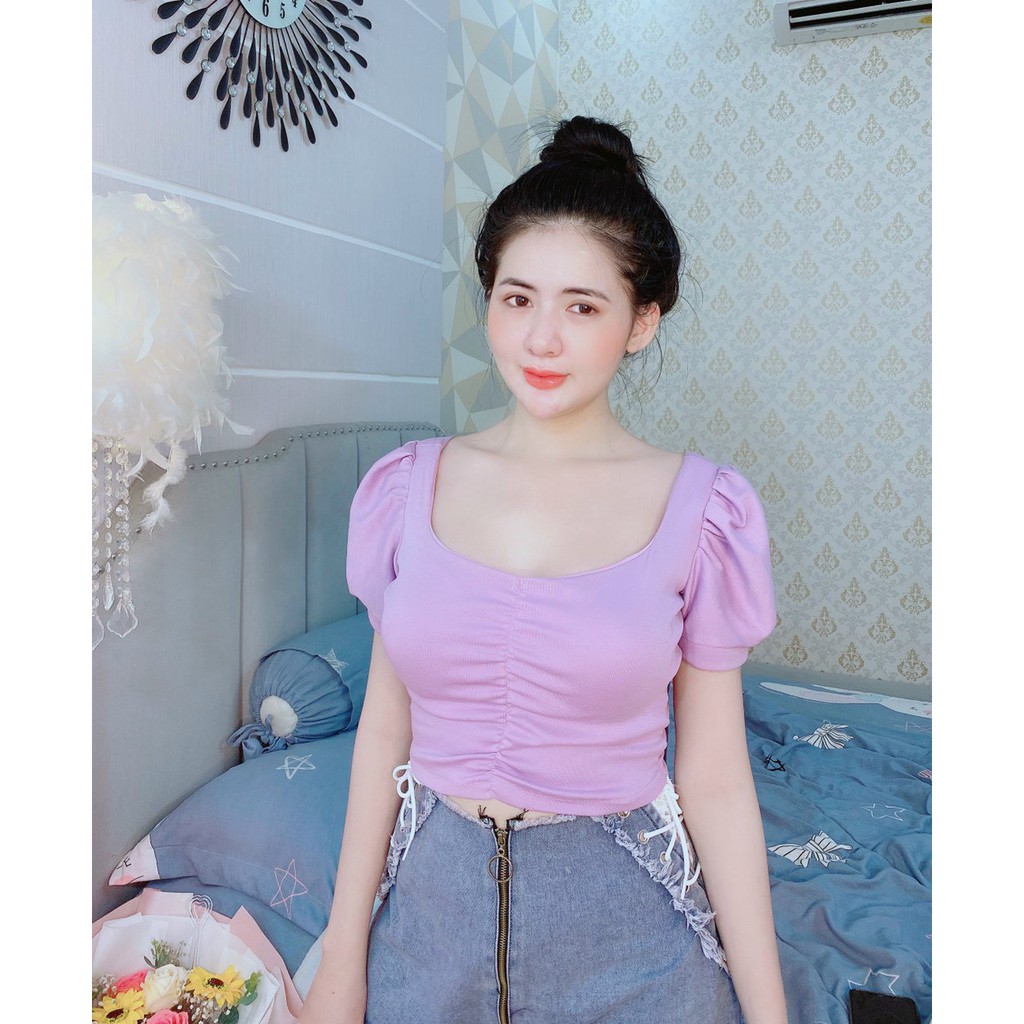 áo thun bozip croptop hở lưng v rút dây ngang sau xinh xắn kèm mút