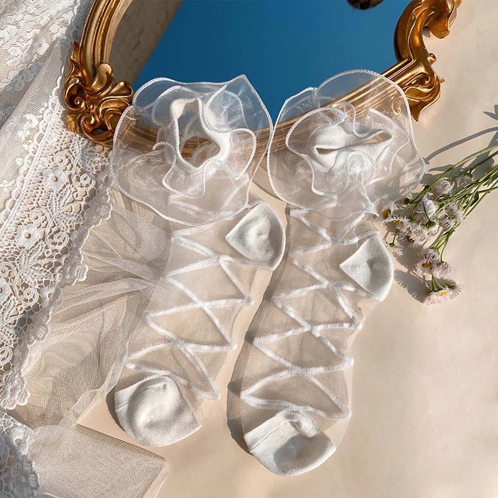 Vớ lụa thủy tinh phối ren đáng yêu phong cách Lolita Hàn Quốc nhiều màu sắc tùy chọn cho nữ