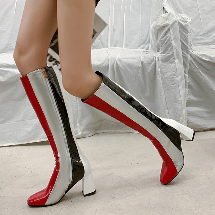 Giày bốt cao gót ống cao đến gối có khóa kéo bên hông size 34-47 màu tương phản phong cách Âu Mỹ
