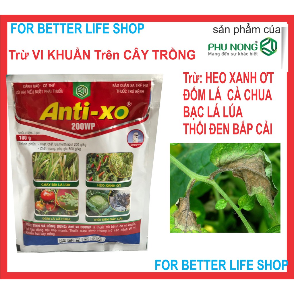 Trừ Vi Khuẩn Héo Xanh Ớt, Đốm Lá Cà chua, Thối Đen Bắp Cải Anti XO 200WP gói 100gr