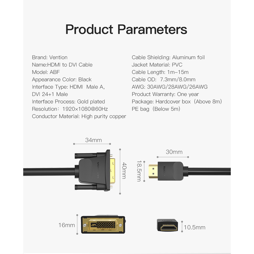 Dây Cáp chuyển HDMI to DVI 1.5m Vention ABFBG (Có thể chạy đảo chiều)