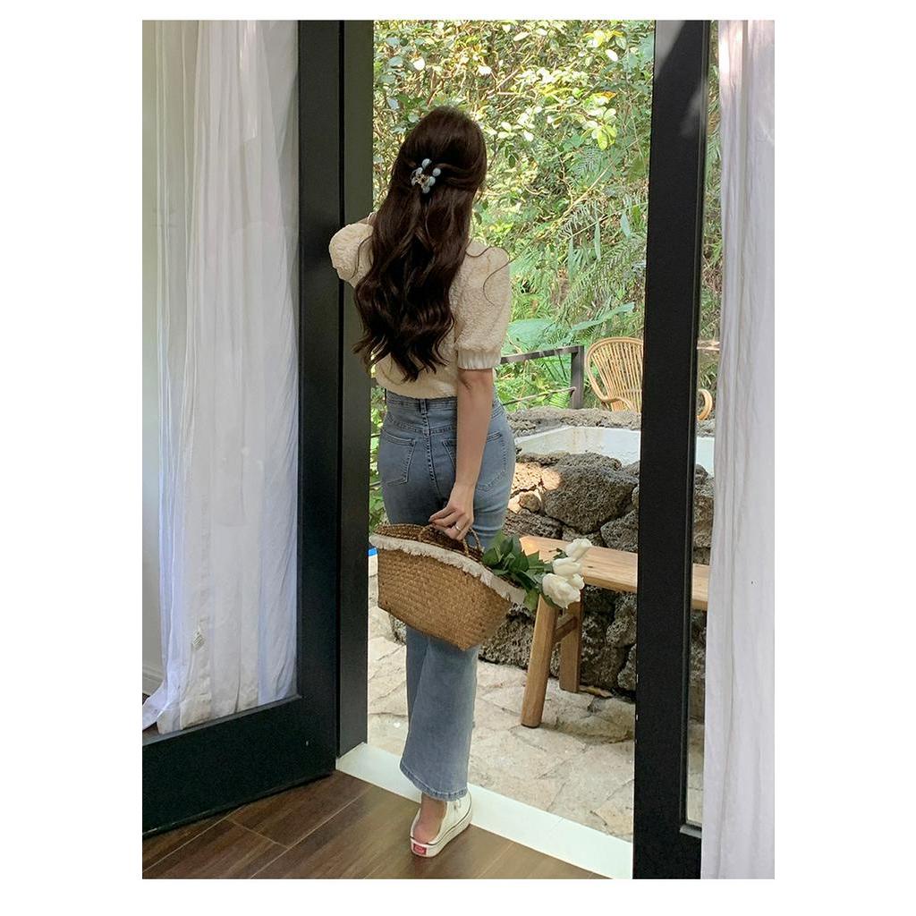 Áo Thun Trơn Mùa Hè Tay Ngắn Phối Ren Và Ngọc Trai 61417