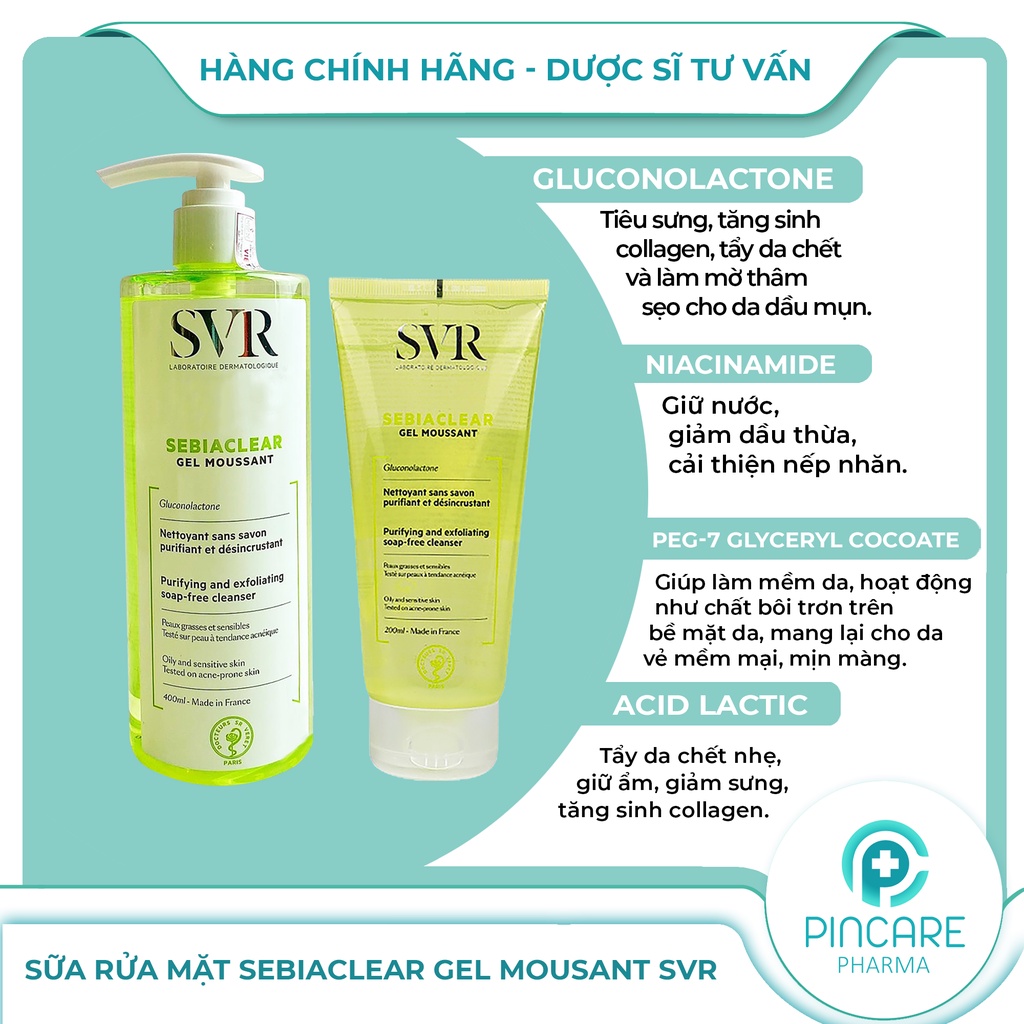 Sữa rửa mặt SVR cho da dầu mụn, srm SVR Sebiaclear Gel Mousant  - Hàng chính hãng - Nhà thuốc PinCare
