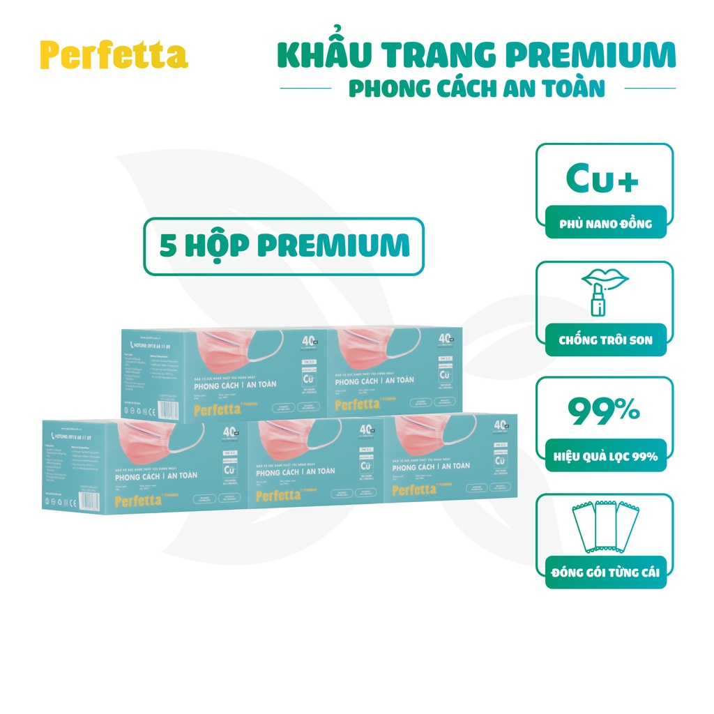 Combo 5 hộp khẩu trang y tế 3 lớp PERFETTA Premium cao cấp hai thanh mũi miệng phủ Nano đồng (40 cái/hộp)