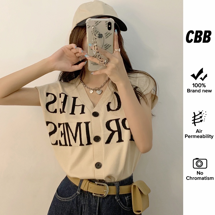 Porozi  Áo Crop Top dệt kim không tay cổ chữ V dáng rộng in chữ phong cách Hàn Quốc
