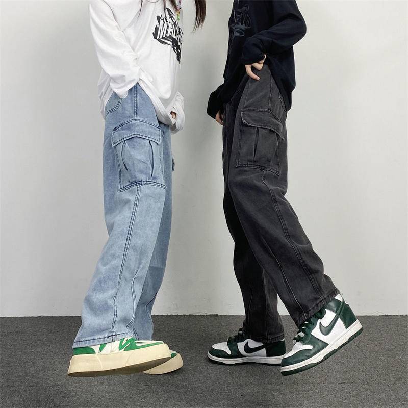 【🔥Hàng giao ngay🔥】Quần yếm jeans dáng rộng có túi phong cách Nhật Bản Hàn Quốc cổ điển cho nam