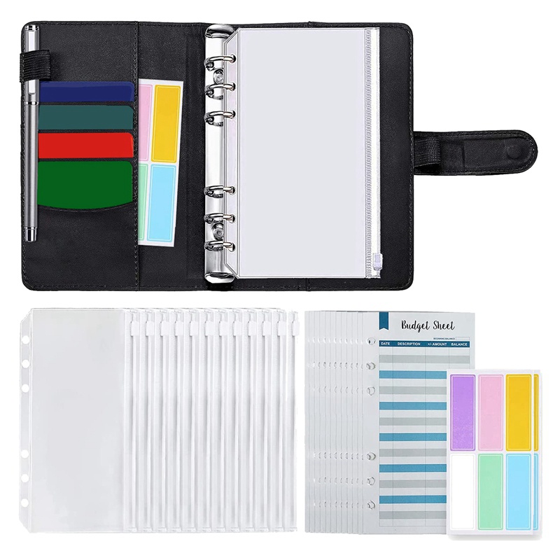 Sổ bìa còng đựng tiền mặt với bìa còng khổ A6 và phong bì 12 trang PVC trong suốt để sắp xếp chi tiêu